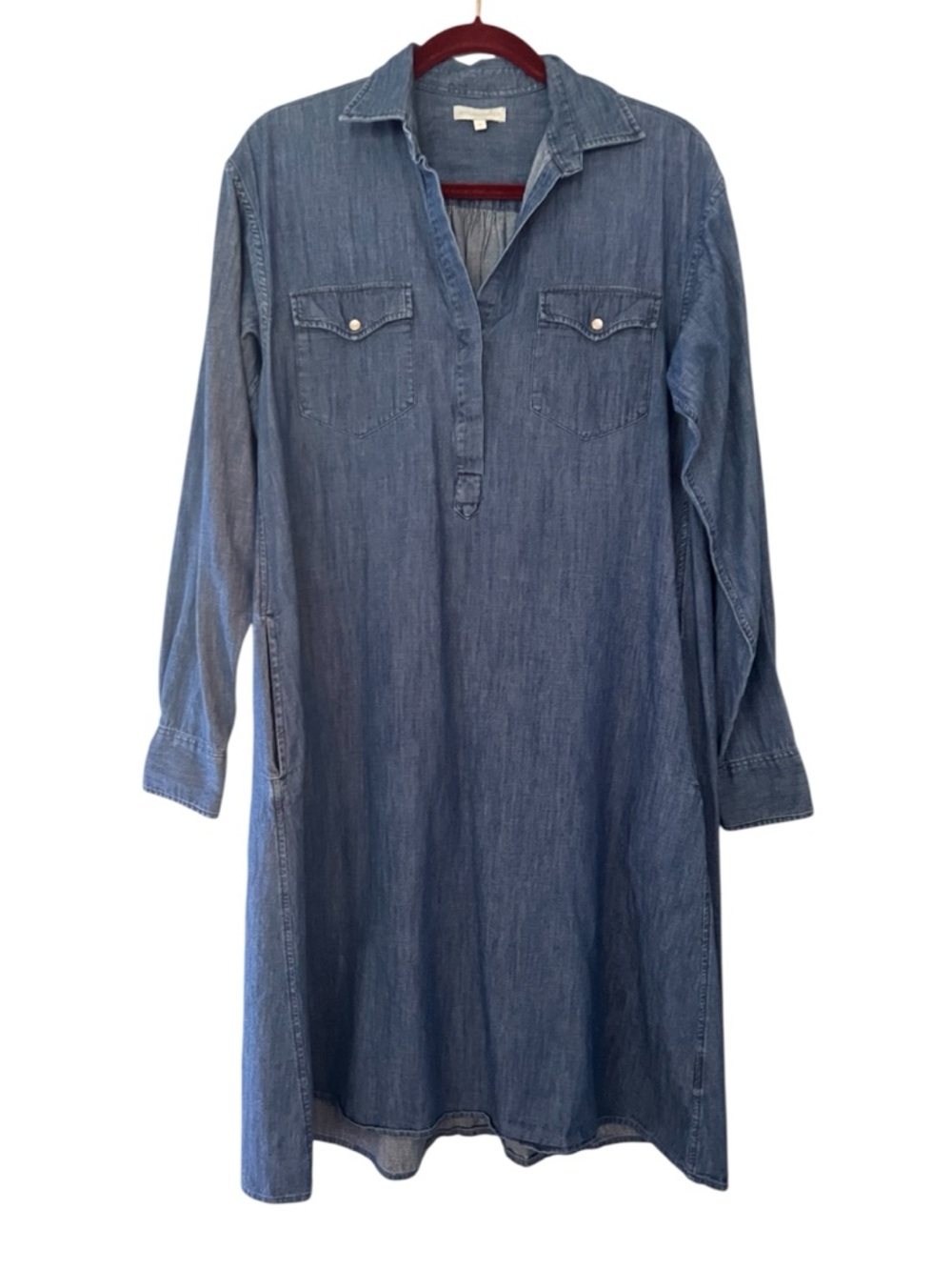 ANN MASHBURN Denim Chambray Long-Sleeve Popover Shirt Dress Organic Cotton M